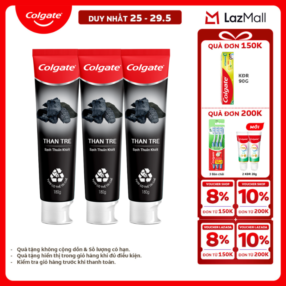 [Chỉ 25-29.5_X2 Voucher giảm 20%] Bộ 3 Kem đánh răng Colgate thiên nhiên khử mùi diệt khuẩn từ Than tre Hàn Quốc  bạc hà 180g/ tuýp