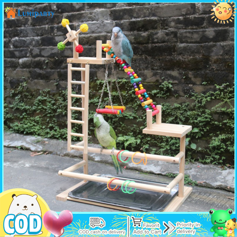 Wood Bird Playground Parrot Perch Playstand With Ladder, Windmill & Hanging Swing Toys For Cockatoos Lovebirds Playgym Parakeets Cage Accessories ราคา 771 บาท*ส่งฟรี
