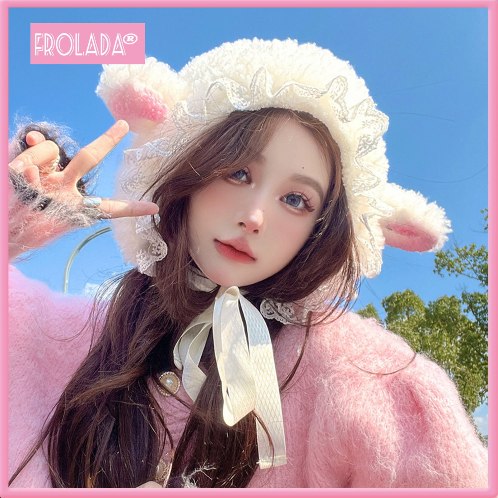 Ladies Hat Photo Prop Sheep Ear Decor Solid Color Fluffy Thick Keep Warm Windproof Adjustable Winter Hat for Students ราคา 285 บาท*ส่งฟรี