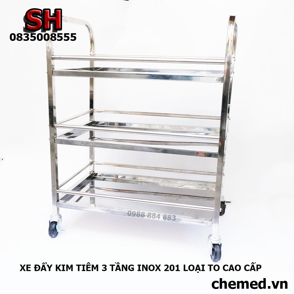 Xe tiêm đẩy 3 tầng inox 201 dùng trong y tế, phòng khám, phẫu thuật, spa