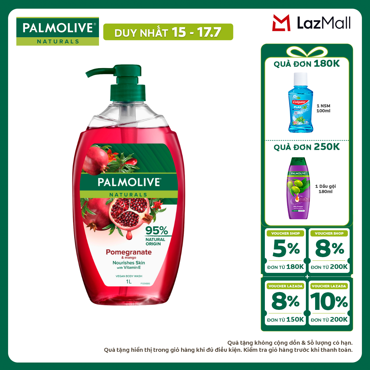 [Chỉ 15-17.7_X2 Voucher giảm đến 18%] Sữa tắm Palmolive dạng gel chiết xuất Lựu  Xoài và Muối biển cho da mềm mịn, thơm sảng khoái 1L