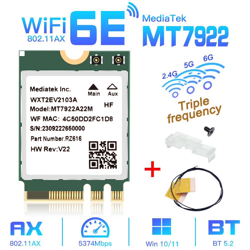 Wifi 6E mt7922 M.2 thẻ không dây 5374Mbps Bluetooth 5.2 Bộ chuyển đổi mạng 802.11ax 2.4G/5G/6GHz Med