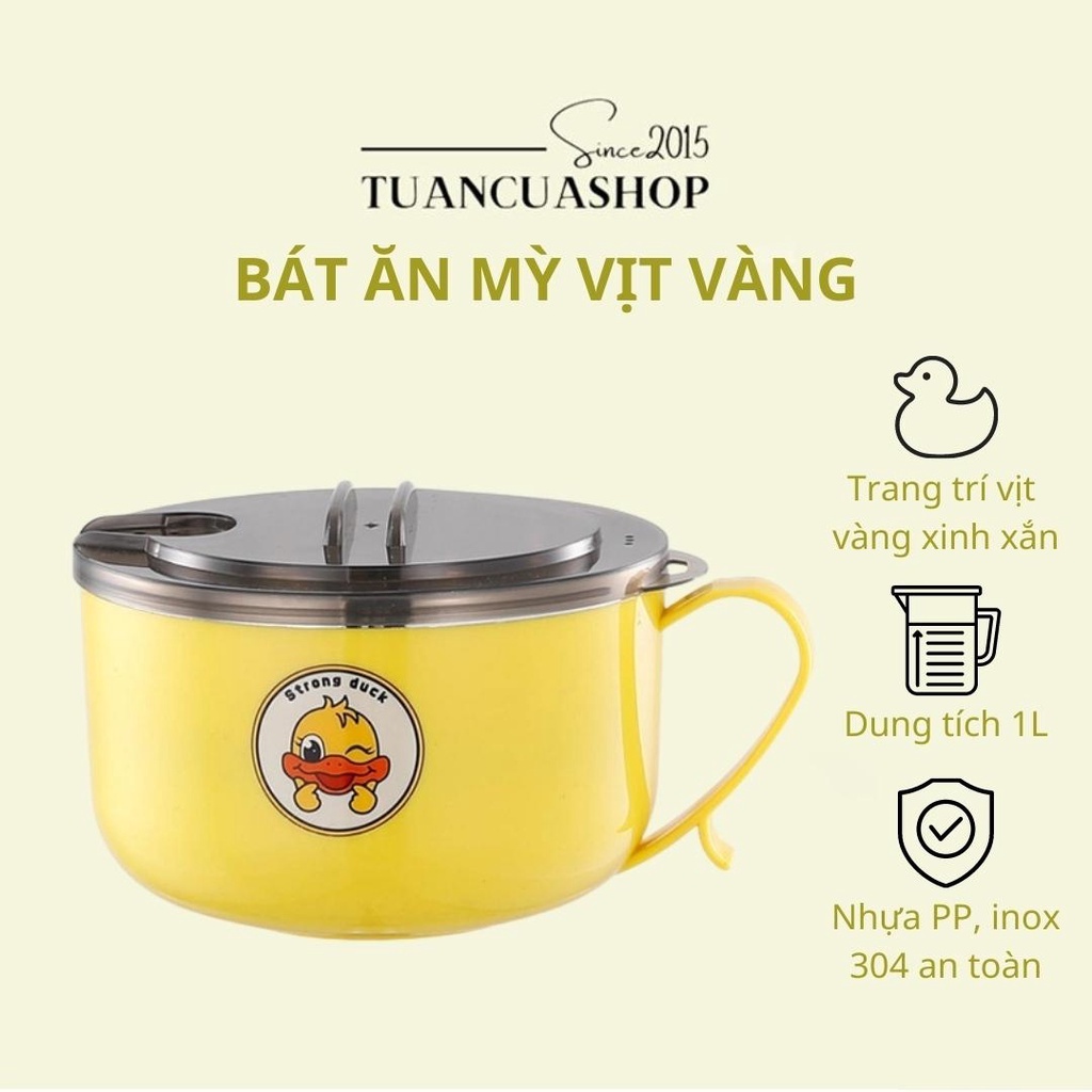 Ca mì vịt vàng inox giữ nhiệt có nắp đậy 1 lít vịt vàng, xanh cute, bát inox 2 lớp cách nhiệt có nắp đậy kín