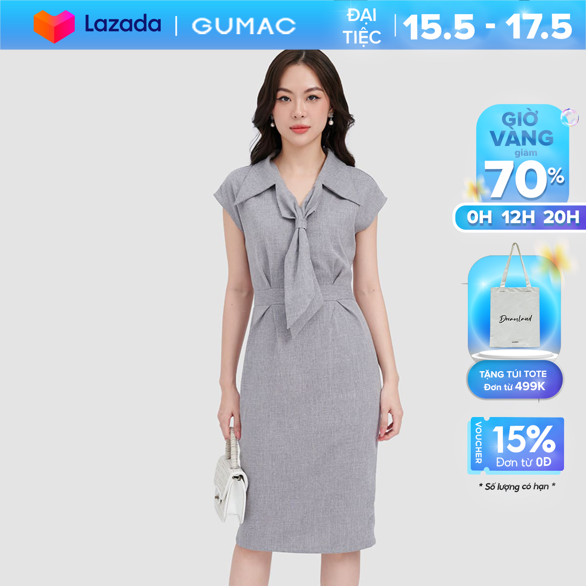 Đầm cổ vest thắt nơ thời trang gumac dc11059