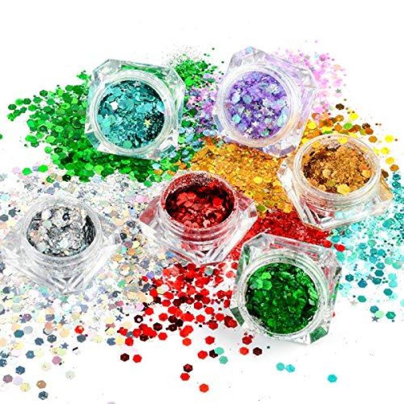 Buy ICOLORY 8 Boxes Makeup Face Body Glitter Set, 6 Colors Holographic Cosmetic Festival Chunky Glitter, Mixed Shape Flakes Pigments for Halloween, Face, Eye, Body, Hair, Nail and Other Occasions Decoration Singapore
