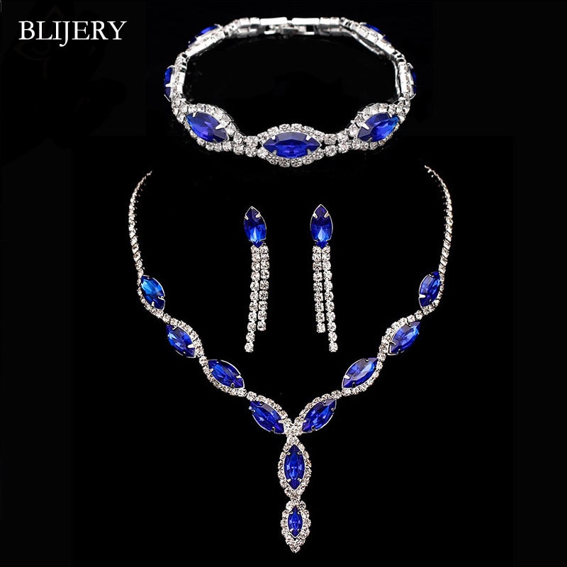 Blijery thanh lịch hoàng gia màu Xanh pha lê Bộ trang sức cưới thạch Vòng cổ dài Tua Rua Bông Tai Vòng đeo tay Bộ trang sức cô dâu