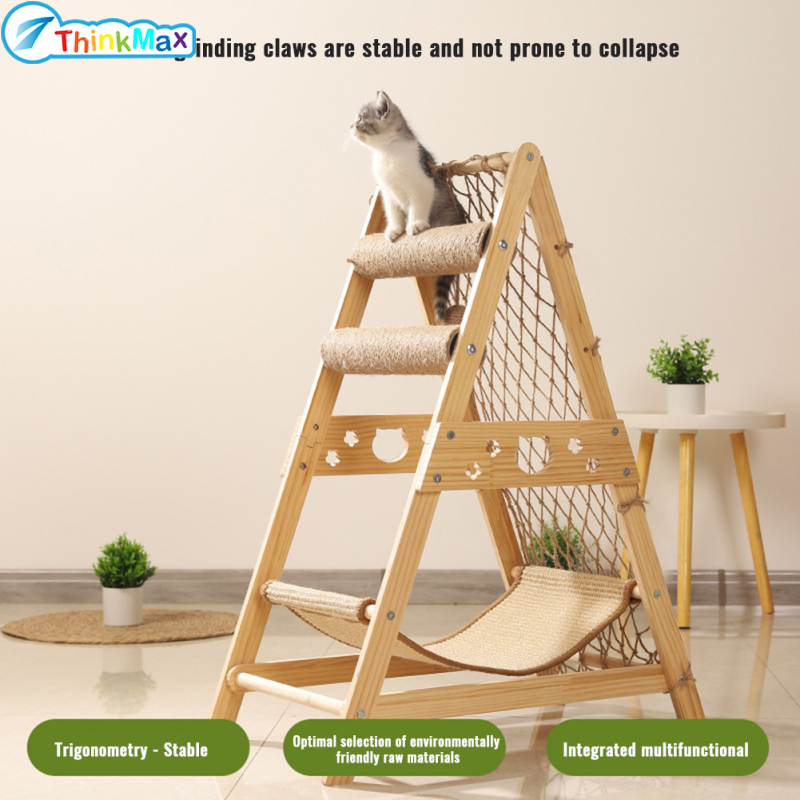 Cat Tree, Modern Cat Tower For Indoor, Solid Wooden Cat Tree With Hammock, Scratching Post, Climbing Web And Hanging Sisal Ball, Easy Assembly For Small Space ราคา 1,244 บาท*ส่งฟรี