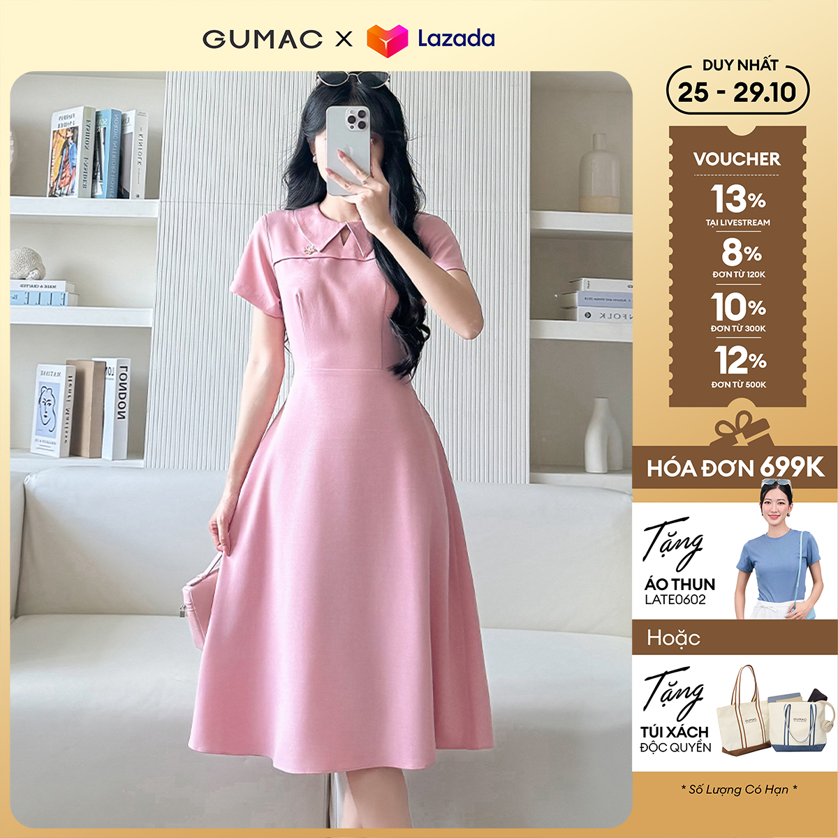 Đầm nữ form A tay ngắn rã ngực tạo kiểu có đính phụ kiện thời trang GUMAC LDF0908