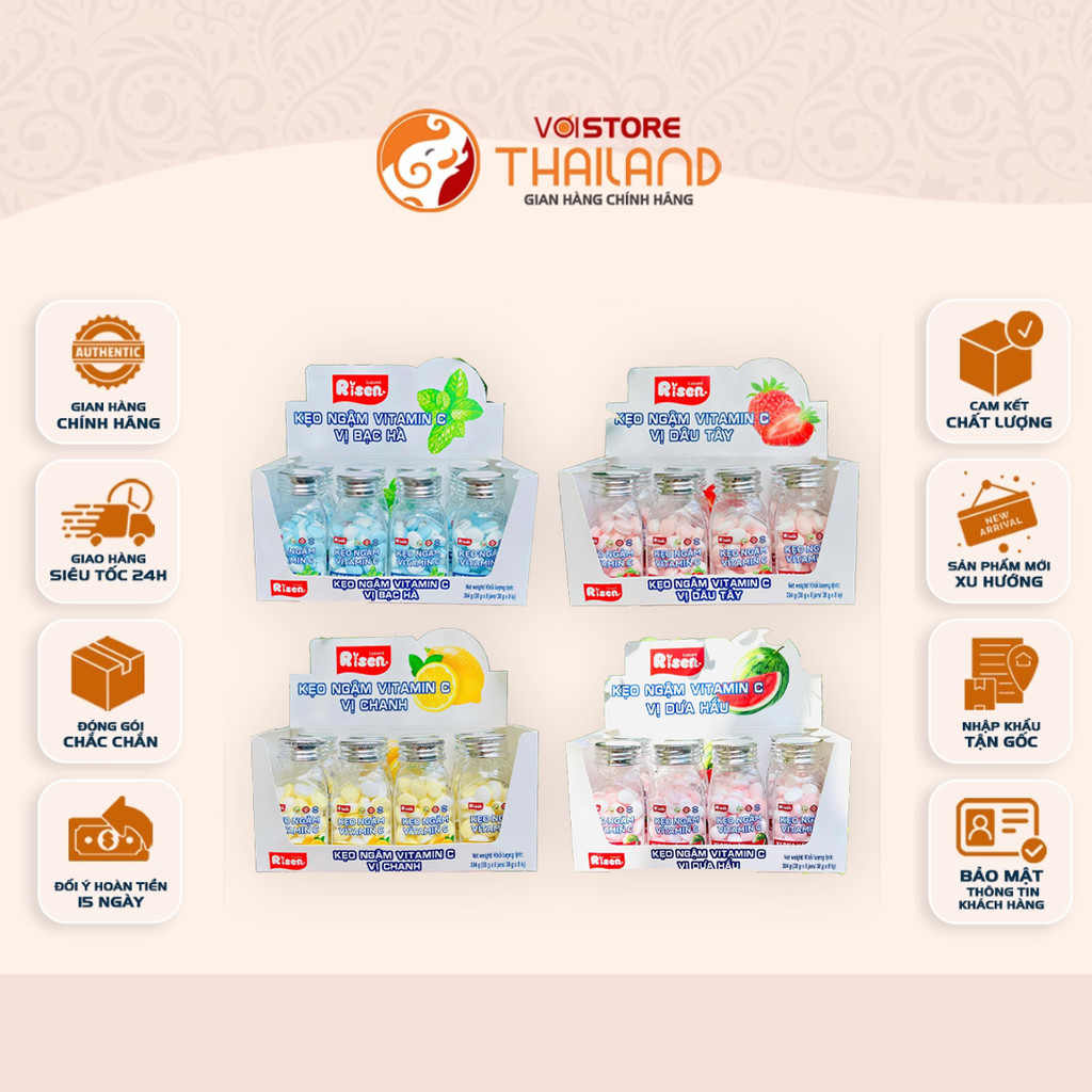 [HỘP 8 HŨ] Kẹo Ngậm Vitamin C Risen Vị Trái Cây Tổng Hợp – Chanh, Dâu, Bạc Hà, Dưa Hấu (38g/hũ)