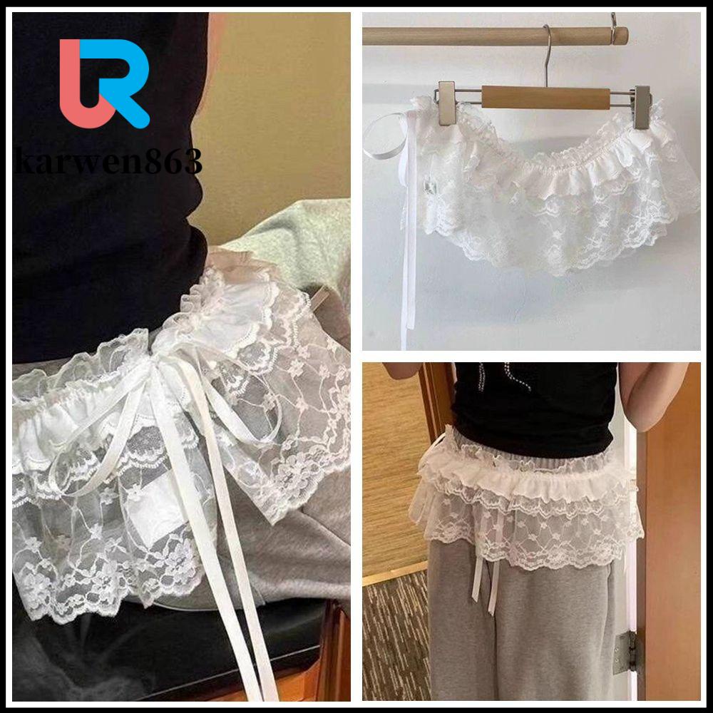 KARWEN863 Xuyên thấu Váy ngắn ren Hoa Thêu Harajuku Váy Xếp Tầng buộc dây Trang phục dạo phố Y2K Váy Xếp Nếp Trang trí quần jean