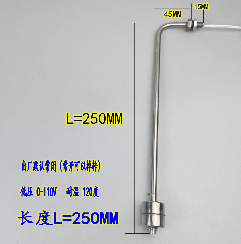 Công tắc mức nước lắp bên - Phao inox 304 chịu nhiệt, áp suất thấp, chiều dài 250mm