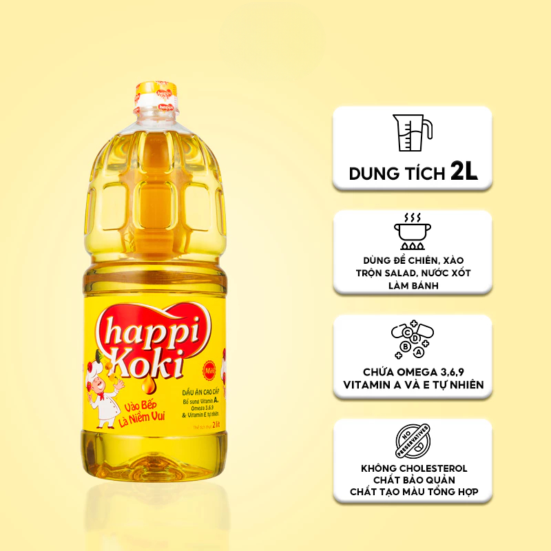 Dầu ăn thực vật HAPPI KOKI 2L- Bổ sung Omega 3-6-9, không Cholesterol