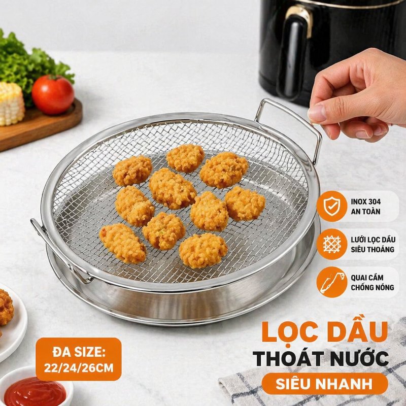 khay inox 304 vỉ ráo dầu khay lưới thoát nước chống nóng chống trầy đặt đồ chiên nướng tách rời