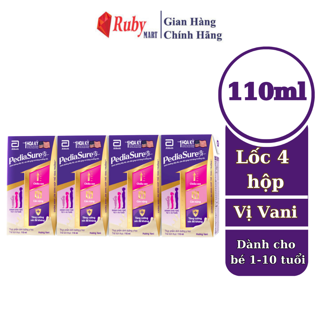 Lốc 4 hộp sữa nước Pediasure hương vani ít ngọt (110ml) cho trẻ 1-10 tuổi