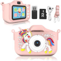 Kids Camera 1080P Kids Digital Camera with 32GB TF CardUnicorn Camera Cover/HD Video /5 Educational Games/8x Zoom/46 Photo Frames & FiltersGifts for Boys Girls Age 3-8 (Pink)