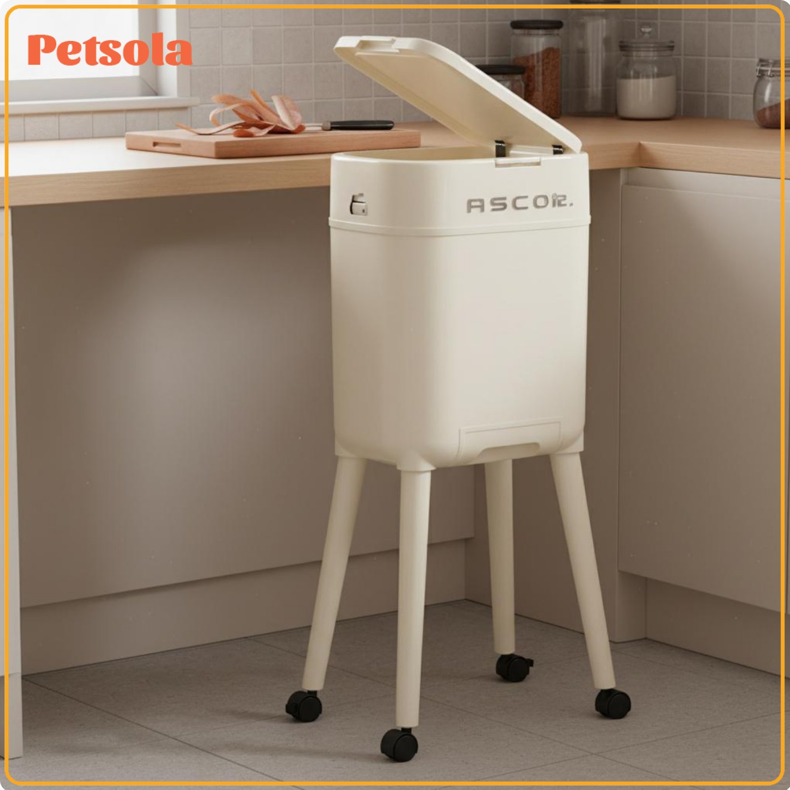 petsola Single-Press Press-to-Open Rolling Waste Bin with Lid Large Capacity Tall Trash Can with Legs Double Barrel Design Elevated Garbage Can on Wheels Built-in Bag Storage for Bathroom, Living Room, Office ราคา 2,746 บาท*ส่งฟรี