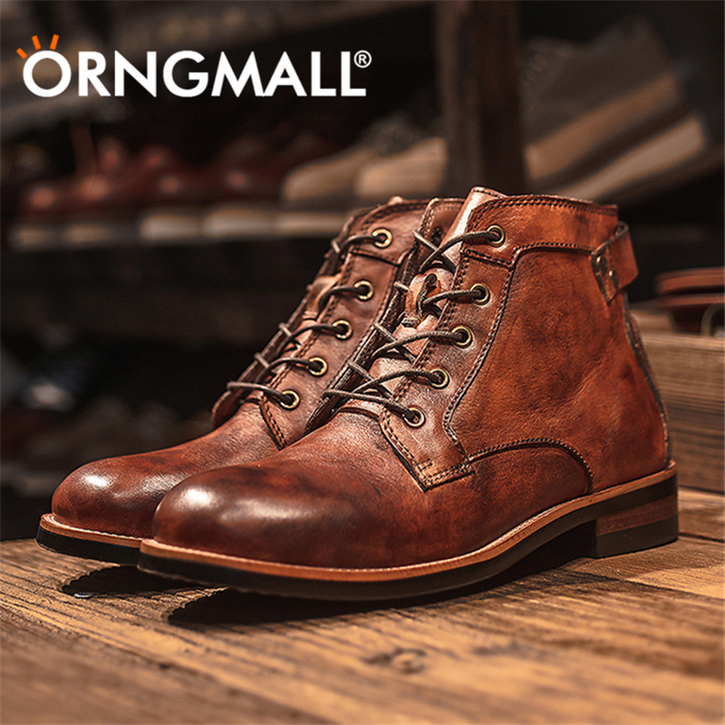 ORNGMALL Handmade Leather Men Boots Retro Ankle Boots Autumn Winter Punk Street Style Motorcycle Boots Men High Top Lace-Up Boots Chunky Botines Plus Size 38-48