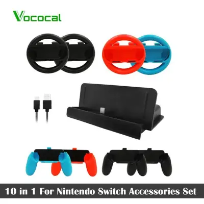 （In Stock）Vococal 10 in 1 For Nintendo Switch Accessories Set 4 PCS Joy Con Controller Wheel + 4 PCS Grip Handle + 1 PCS Console Charge Stand + 1 PCS USB Cable - intl
