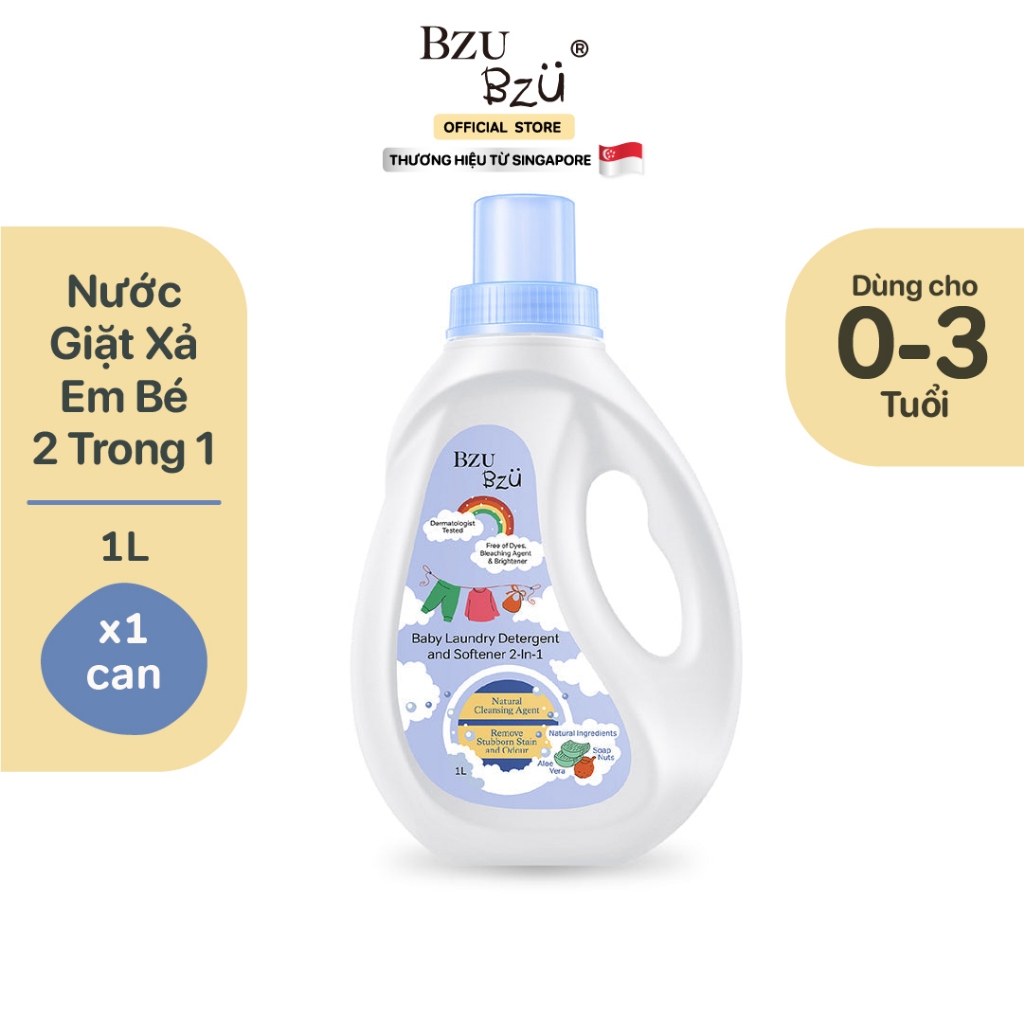 Nước Giặt Xả Vải Em Bé Dưỡng Da Không Chất Tẩy BZU BZU Baby Laundry Detergent and Softener 2 in 1 Dịu Nhẹ Cho Da Bé 800ml 1L
