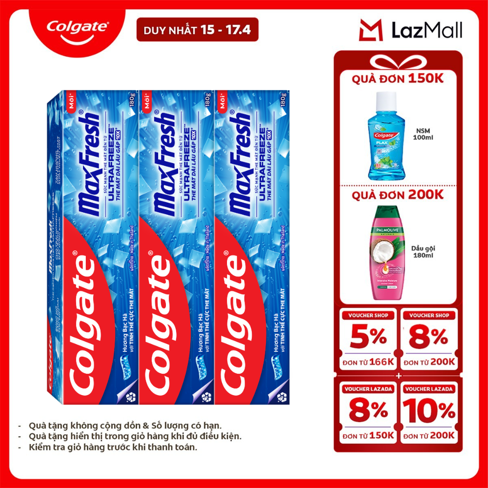 [Chỉ 15-17.4_X2 Voucher giảm đến 18%] Bộ 3 Kem đánh răng Colgate MaxFresh ULTRAFREEZE the mát gấp 10X 180g/tuýp