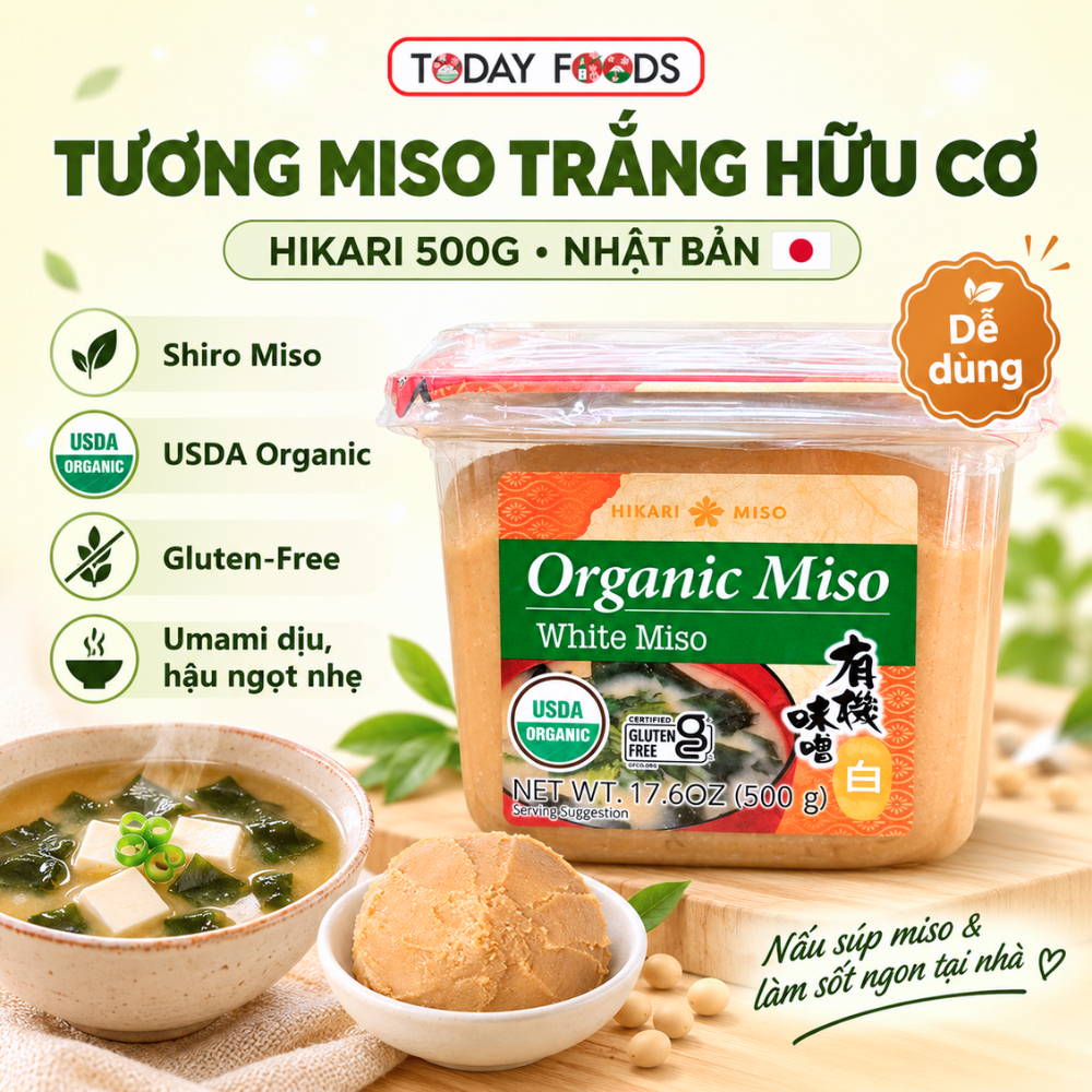 Miso Trắng Hữu Cơ Hikari 500g Nhật Bản – Shiro Miso Gluten-Free, Umami Dịu, Hậu Ngọt, Nấu Súp & Làm Sốt