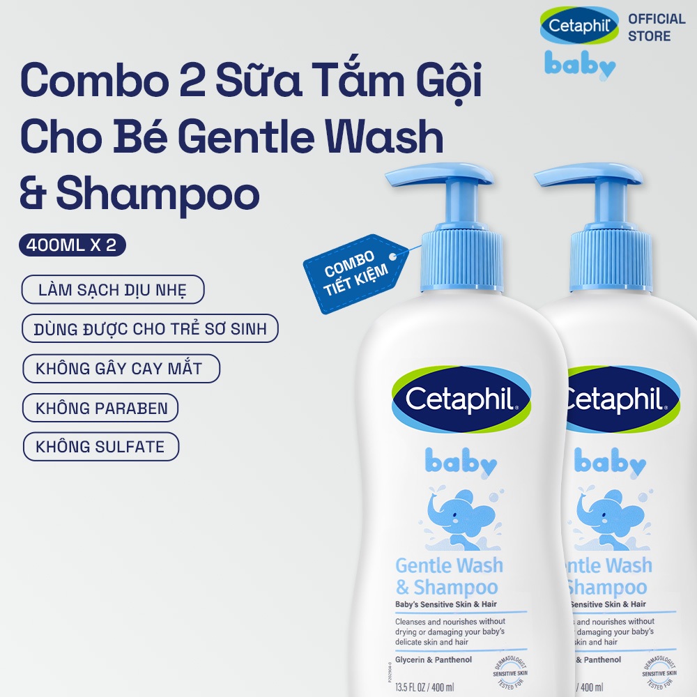 Combo 2 Sữa tắm gội dịu lành cho bé Cetaphil Baby Gentle Wash  Shampoo 400ml/chai