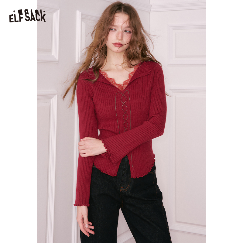 ELFSACK Y2K Solid Lace Collar Split Hem Flutter Sleeve Tie Knitwear For Women ราคา 1,537 บาท*ส่งฟรี