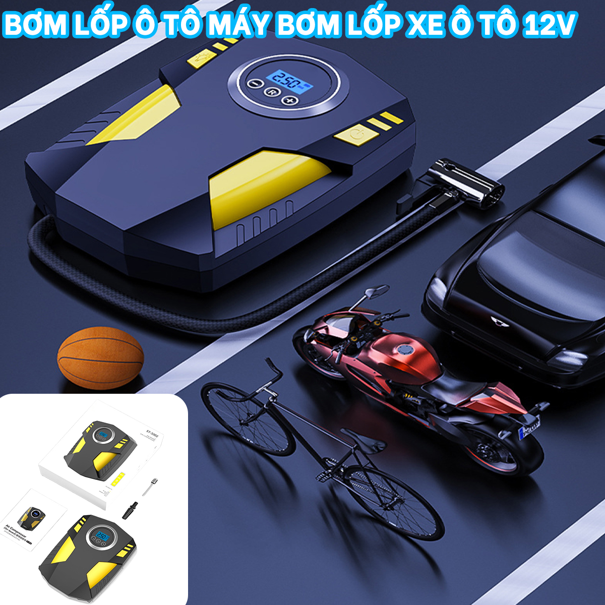 Bơm lốp ô tô,máy bơm lốp xe ô tô,bom lop xe ôtô 12v,tự động ngắt khi đủ áp suất, đo áp suất lốp, đèn led chiếu sáng