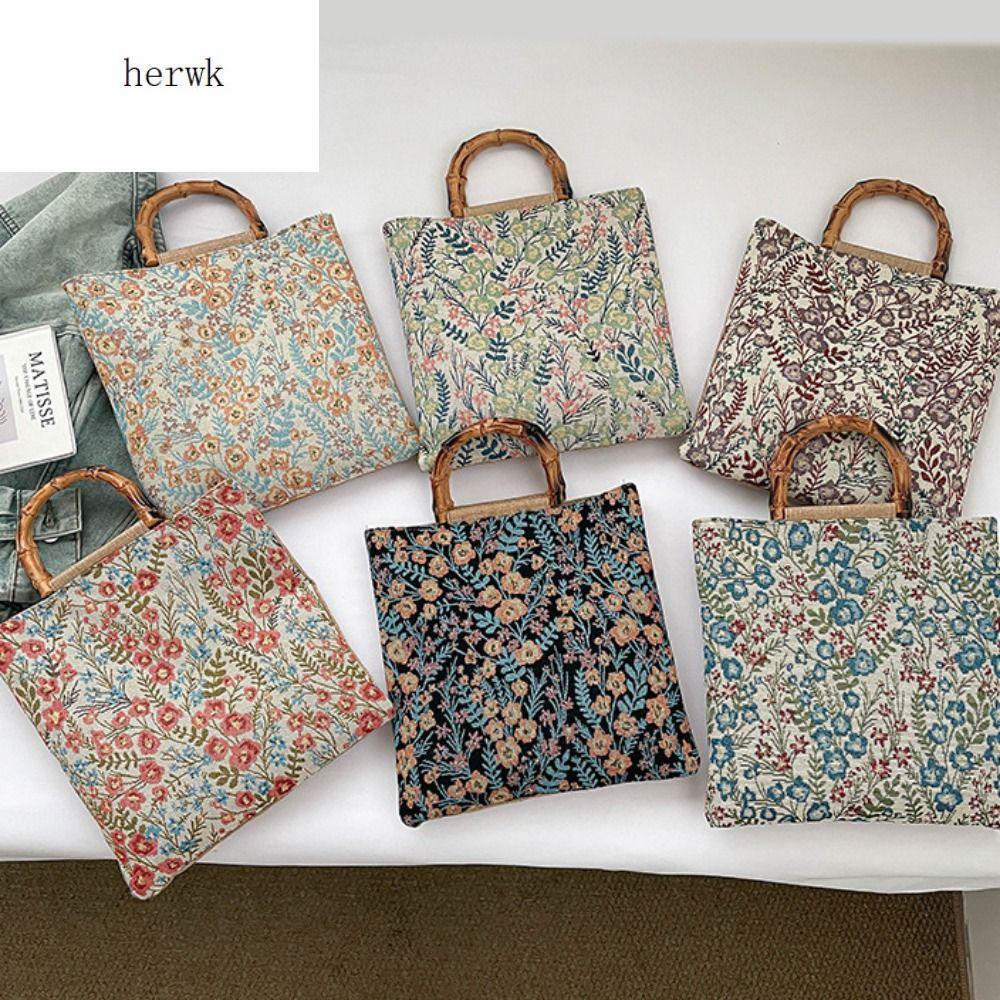 HERWK Vải Túi Tote Jacquard Phong cách Trung Quốc Hoa Túi xách in vải canvas Di động Khớp tre Túi đeo nách Hanfu Tiệc tùng