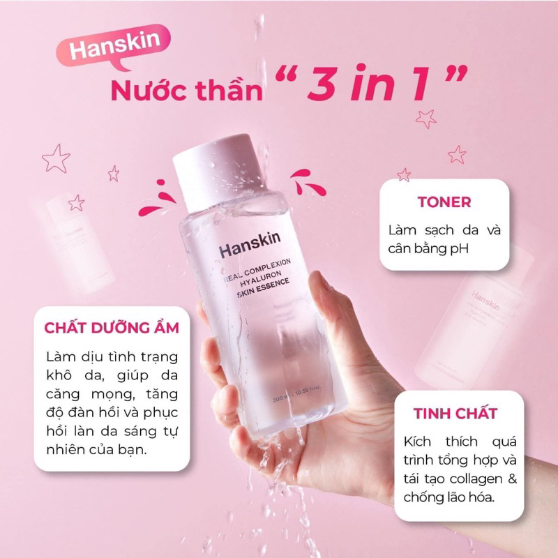 Nước Hoa Hồng Dưỡng Ẩm HANSKIN REAL COMPLEXION HYALURON SKIN ESSENCE 300ml