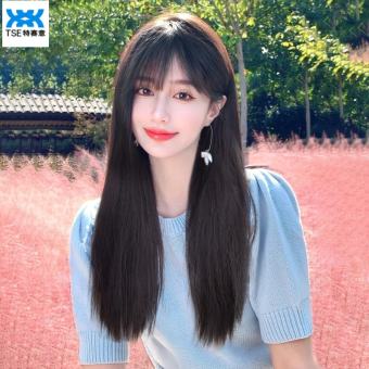TSE Tóc giả nữ tóc dài tự nhiên che kín đầu đen dài thẳng tóc thẳng tóc mái tỉa dài, mỏng tự nhiên che đầu lưới đỏ trung bình Mls-102 tóc dài