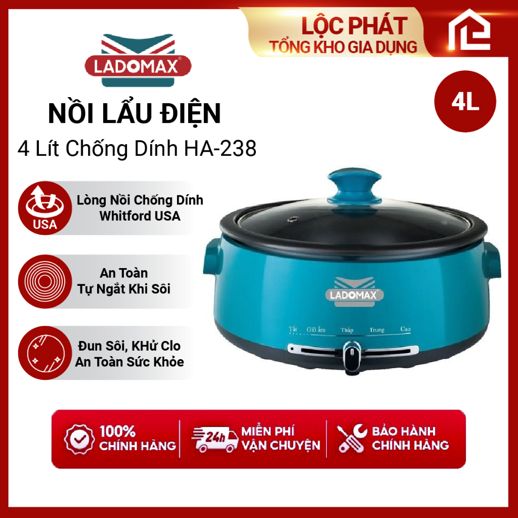 Nồi Lẩu Điện Ladomax HA-238 4L Công Suất 1360W Lòng Rời Phủ Men Chống Dính Chính Hãng BH 12 Tháng