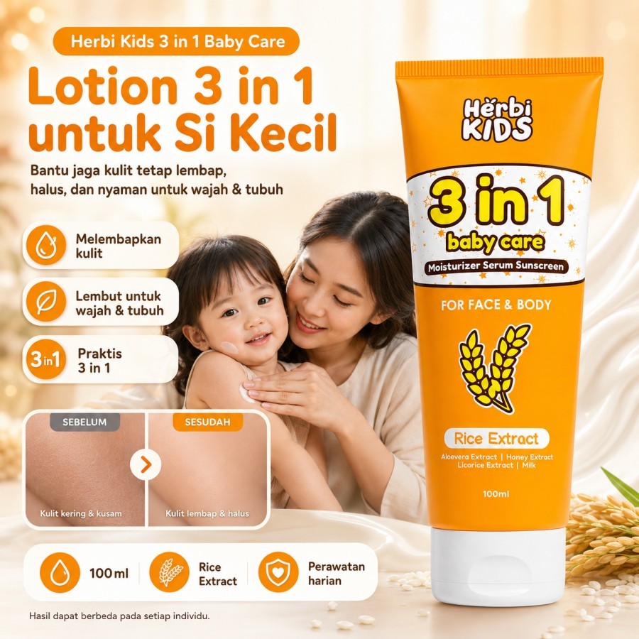HerbiKids Lotion Bayi dan Anak 3 in 1 100ml Pelembap Sunscreen Serum Wajah Badan Bantu Jaga Skin Barrier Kulit Kering Kusam agar Halus Lembut dan Cerah
