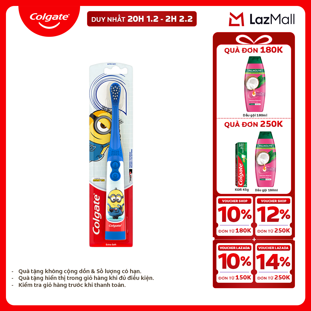 [Chỉ 20H 1.2 - 2H 2.2_X2 Voucher giảm 26%] Bàn chải điện Colgate Minion dành cho trẻ em làm sạch sâu