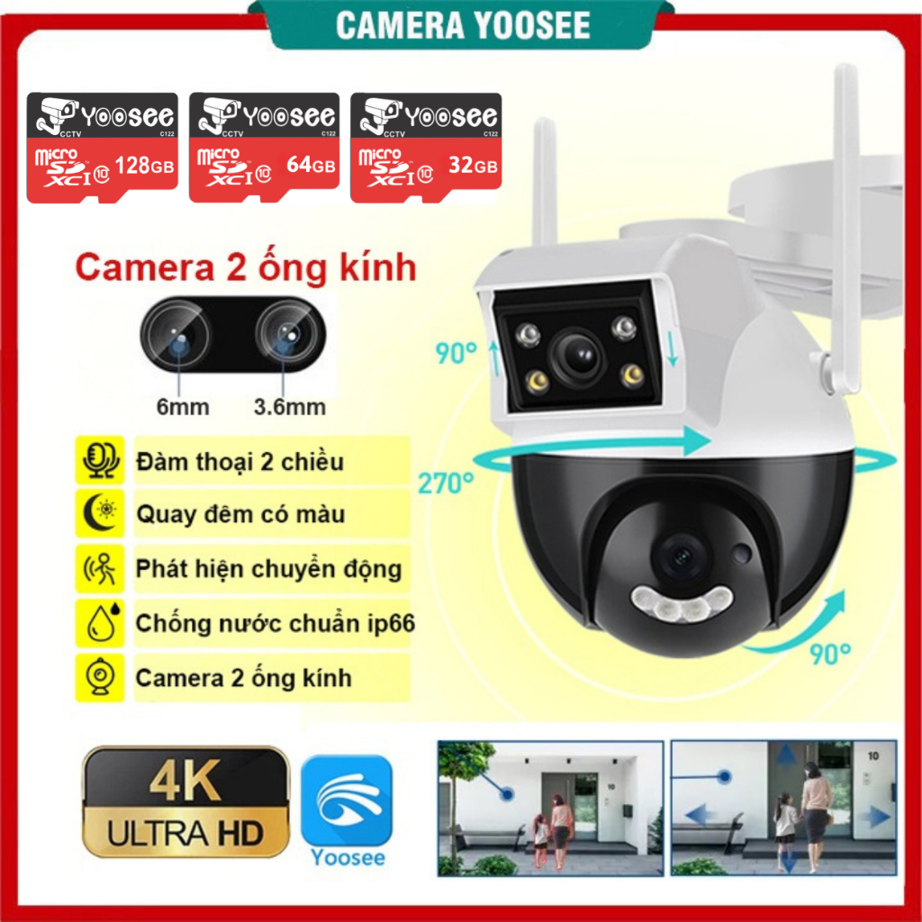 Camera Yoosee 2 mắt G36 Ngoài Trời Xem Cùng lúc 2 khung hình FHD 8.0mpx, xoay 360 độ ban đêm có màu