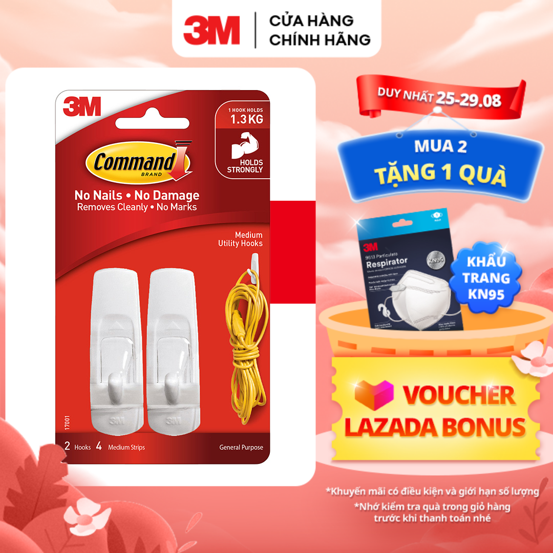 Móc dán tường chịu lực 1.3kg 3M™ Command™, 17001, độ bền cao, bám cực chắc, chịu lực 1.3kg, vỉ 2 cái