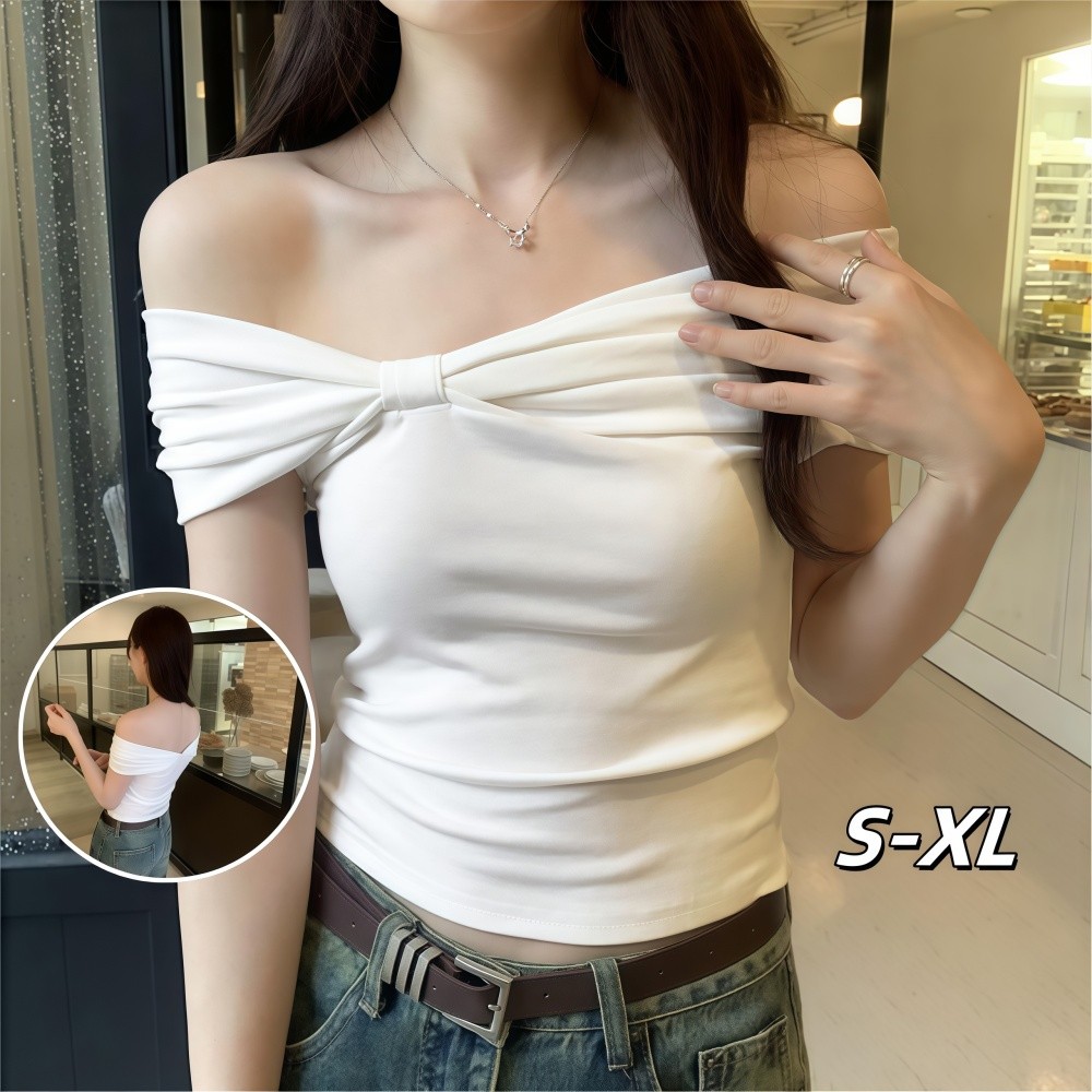 Elegant French Style T-Shirt Women Pleated Off-Shoulder Short-Sleeved T-Shirt Korean Fashion Student Crop Top Tee