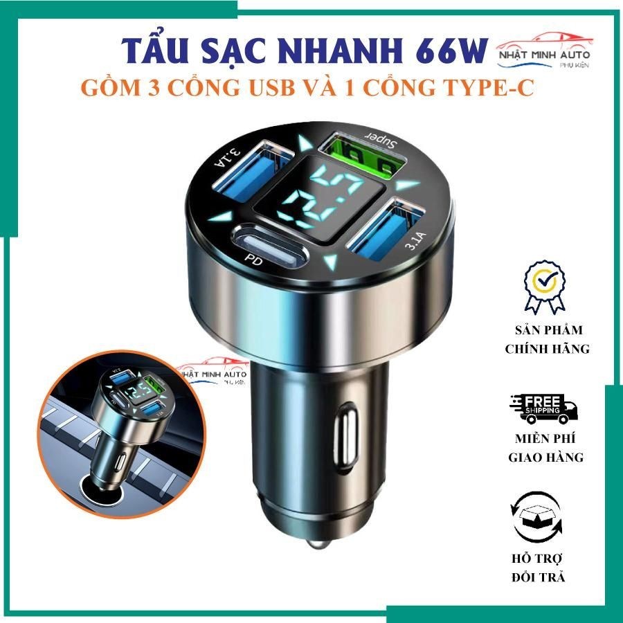 Tẩu sạc nhanh 66W có màn hình led gồm 3 cổng USB và 1 cổng Type-C dành cho ô tô