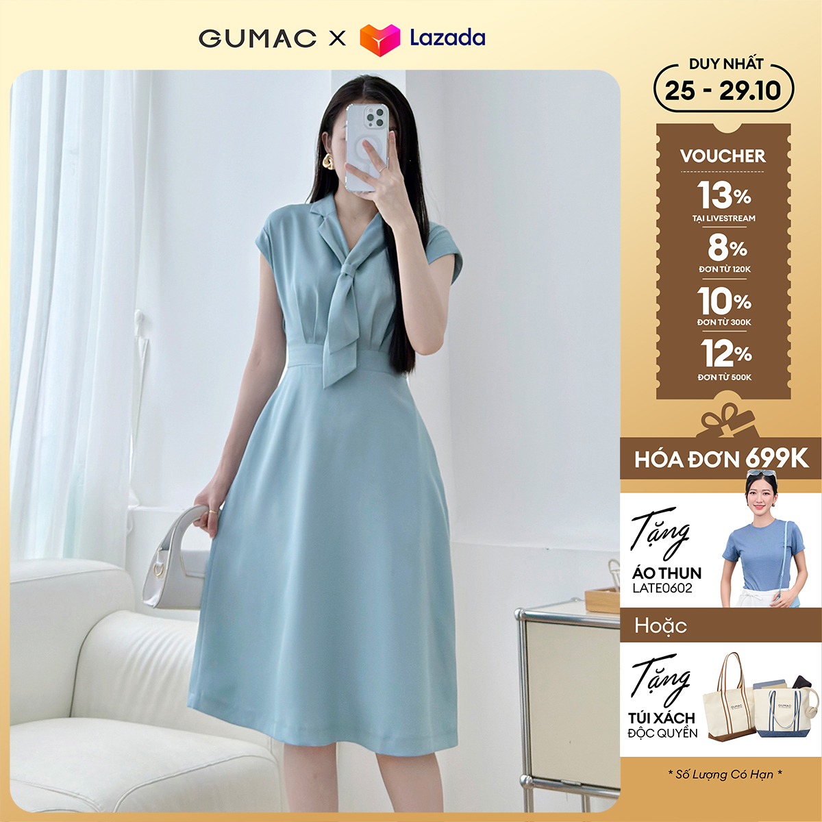 Đầm nữ dáng A kiểu tay liền lật lai cổ bẻ kiểu danton có bản dây thắt cà vạt thời trang GUMAC LDF0719
