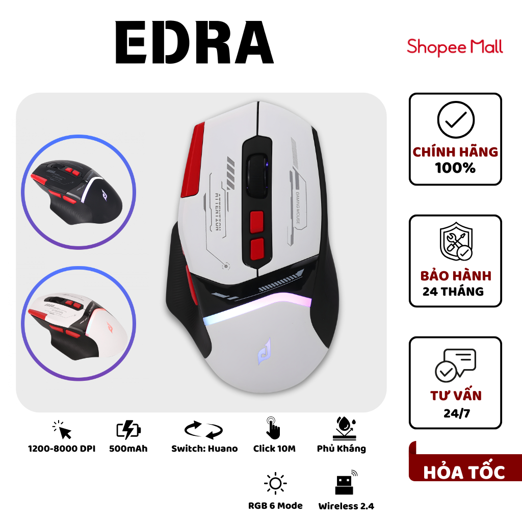 Chuột Gaming EDRA EM631W(Inster S203, HUANO 10M, 500mAh, 8000DPI, RGB, USB 2.4G) Bảo Hành 24 Tháng