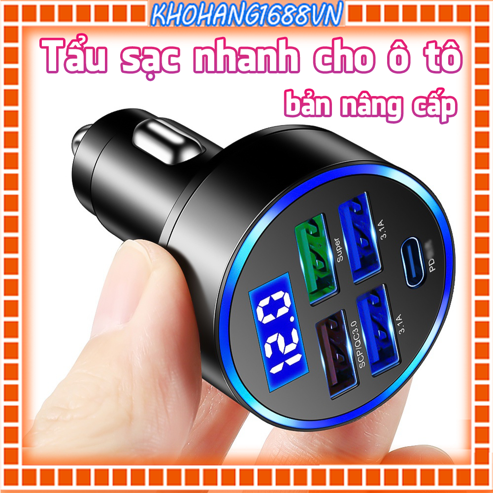 Tẩu Sạc Nhanh Có Màn hình LED Hỗ Trợ USB Type C Quick Charge 3.0 Cho Xe Hơi
