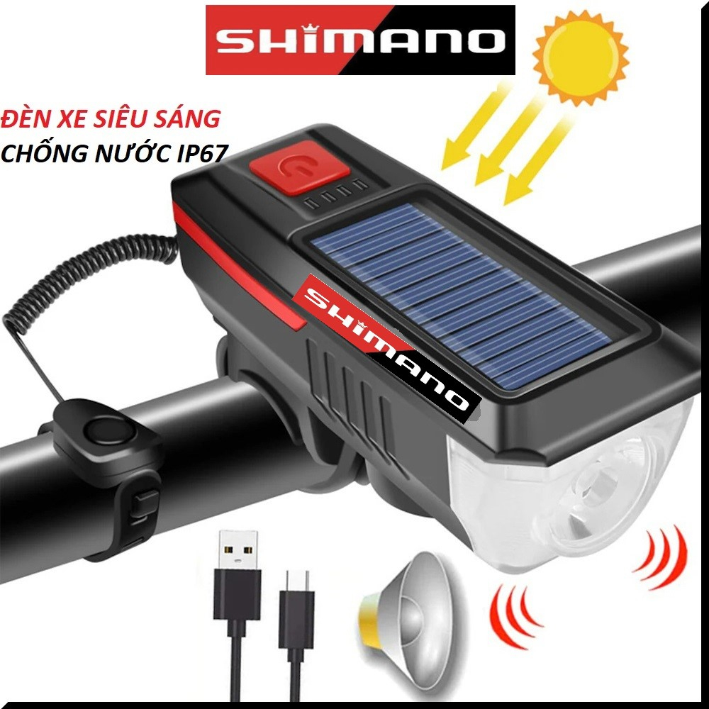 Đèn xe đạp năng lượng mặt trời SHIMANO có còi chống nước 3 chế độ sáng - Có ánh sáng là đèn tự động sạc