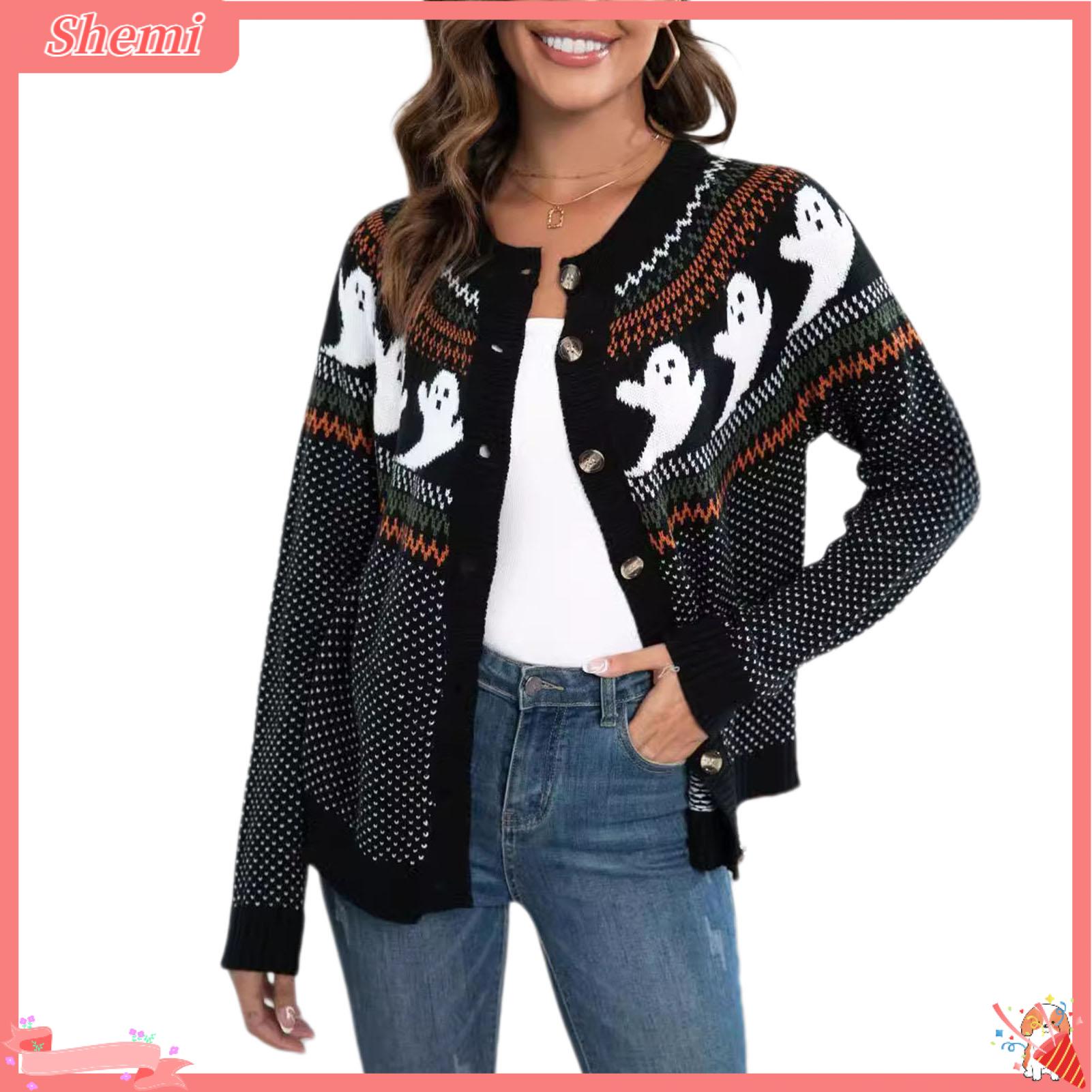 Shemi dễ thương họa tiết ma áo len vừa RộNg Áo len họa tiết ma Halloween Áo cardigan dệt kim hợp thời trang của phụ nữ áo khoác áo len