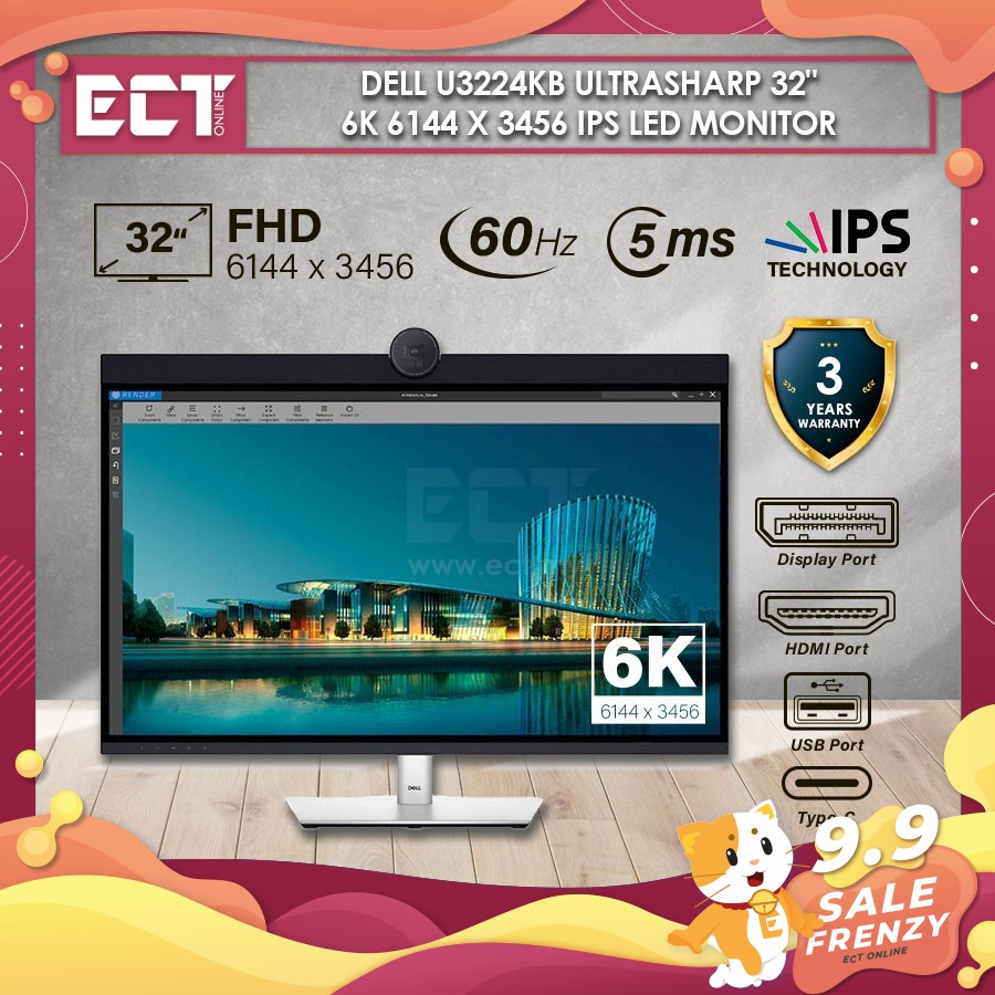 Dell U3224KB UltraSharp 32" 6K 6144 x 3456 IPS LED Monitor with 100% sRGB, Webcam, Speakers (HDMI, Mini DP, USB C, LAN)