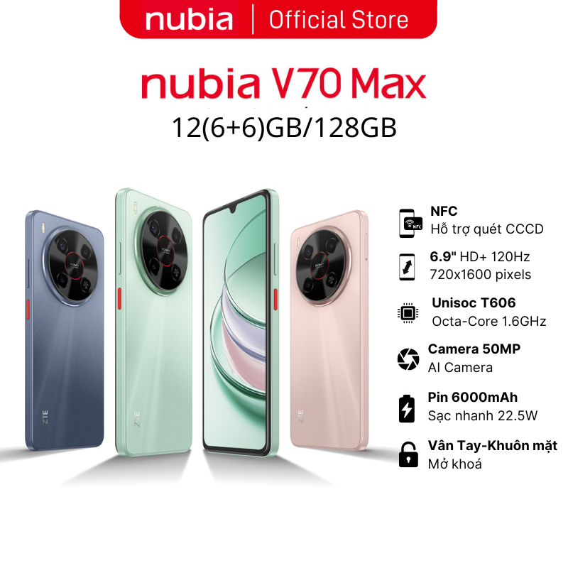 Điện thoại Nubia V70 Max 12(6+6)GB/128GB I Pin 6000mAh I 6.9"120Hz I Chống rơi vỡ* - Thương hiệu nubia Giá 2,490,000 Đồng*Miễn phí vận chuyển