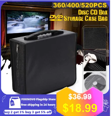 FOXNOVO【Ready Stock】360/400/520 Discs Portable CD DVD Wallet Holder Bag Case DJ Album Collect Storage box Album Organizer Media Storage Box (Black)