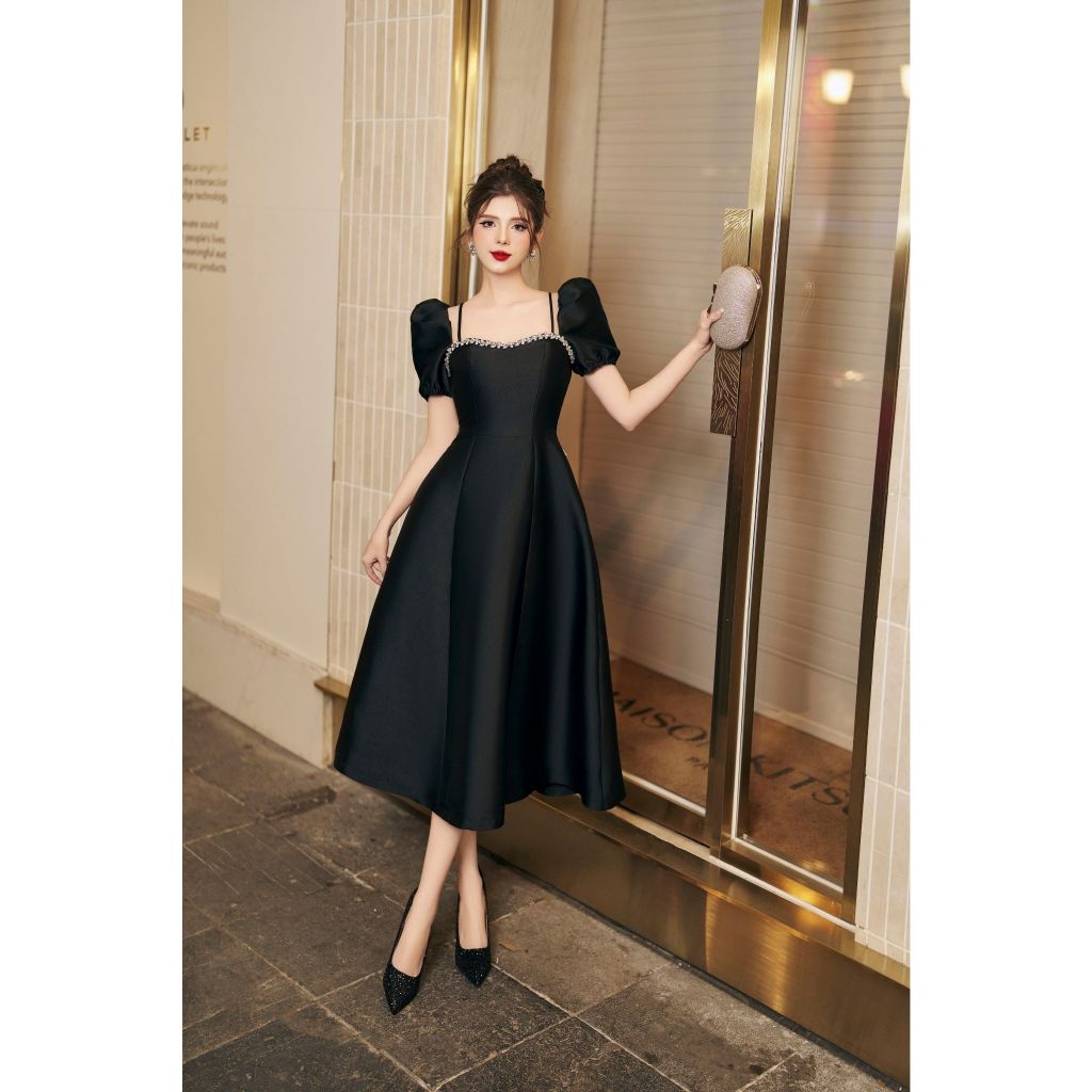 Váy đính dây đá tay chun bồng màu đen sang chảnh tiinstore vhn1008