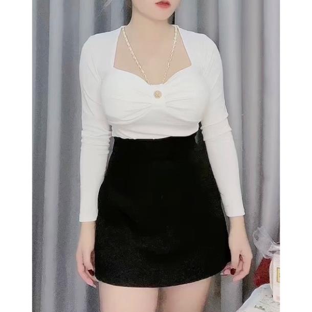 Áo kiểu tay dài cổ vuông phối xích