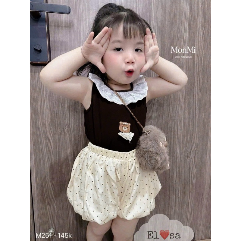Quần áo bé gái- Set Áo Sát Nách Cổ Ren Kèm Quần Chấm Bi Siêu Xinh Cho Bé 1-5 Tuổi