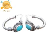 1 Pair Unique Carved Oval Piercing Hoop Earrings Blue Turquoise Bohemia Retro Earrings Jewelry Accessories